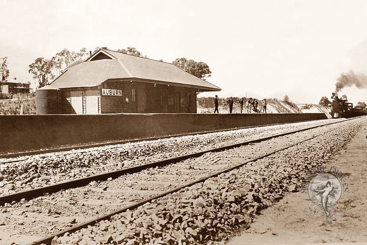 Auburn Railway Station with Steam Train, circa 1900